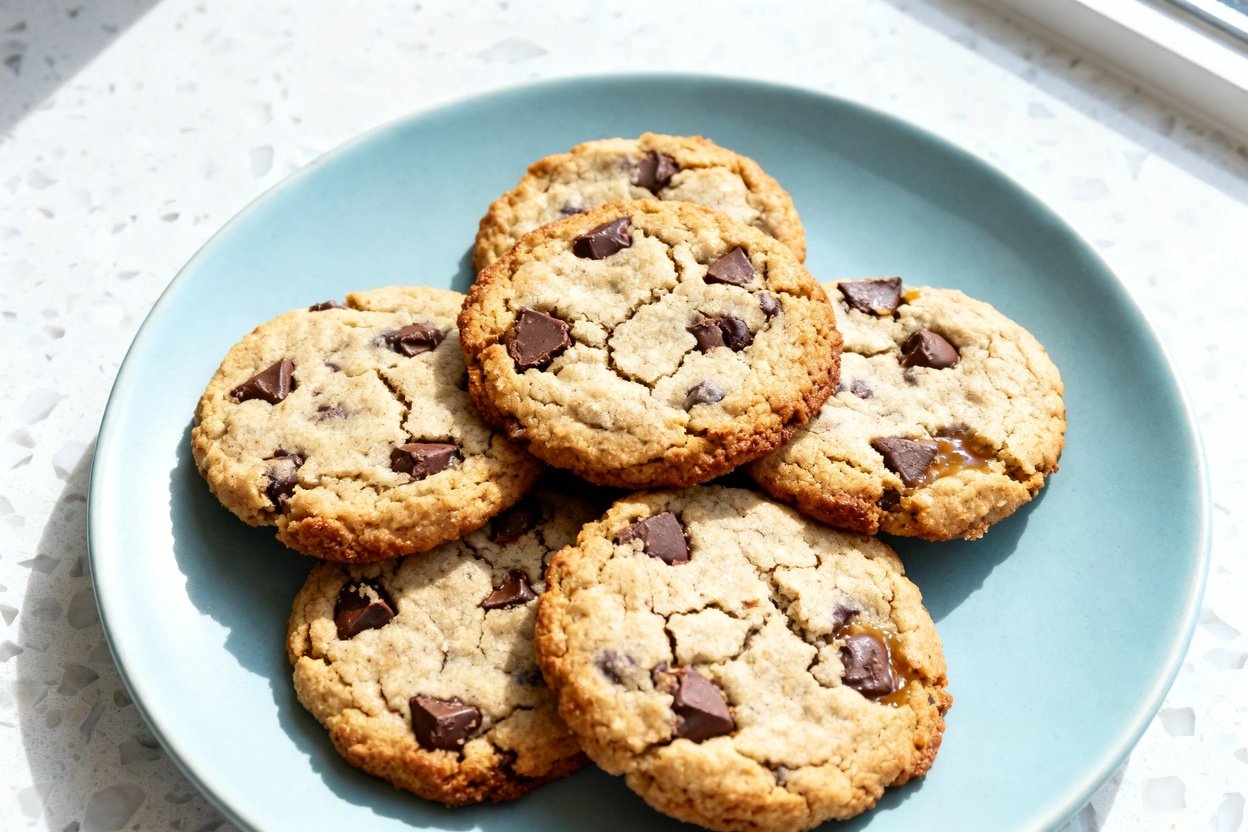 top-down food photo of a single serving of 5-Ingredient Keto Chocolate Chip Cookies: 5–6 thick, rou