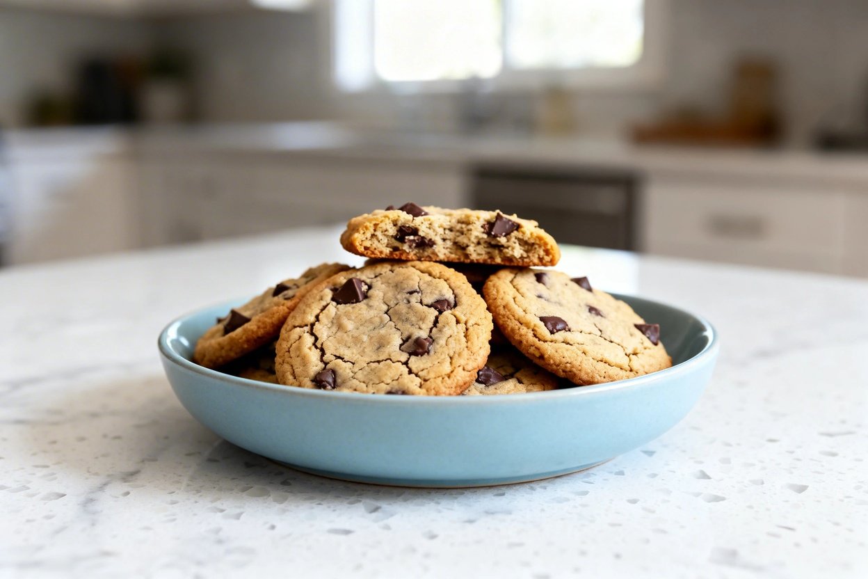 –40° food photograph of the exact same finished 5-Ingredient Keto Chocolate Chip Cookies (same thick