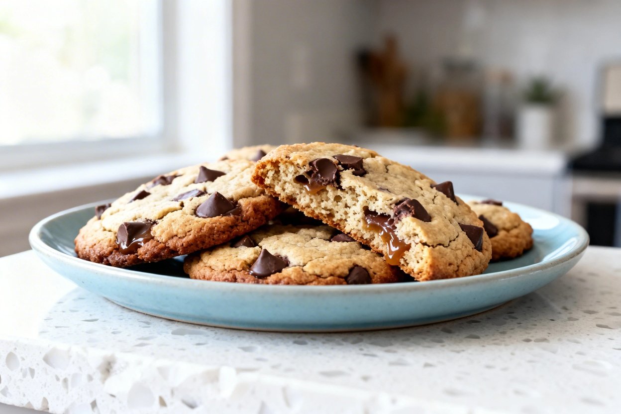 shot at approximately 30–45° of the same finished batch of 5-Ingredient Keto Chocolate Chip Cookies