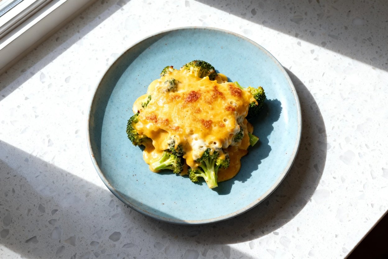 top-down food photo of a single serving of cheesy keto broccoli bake: tender broccoli florets coated