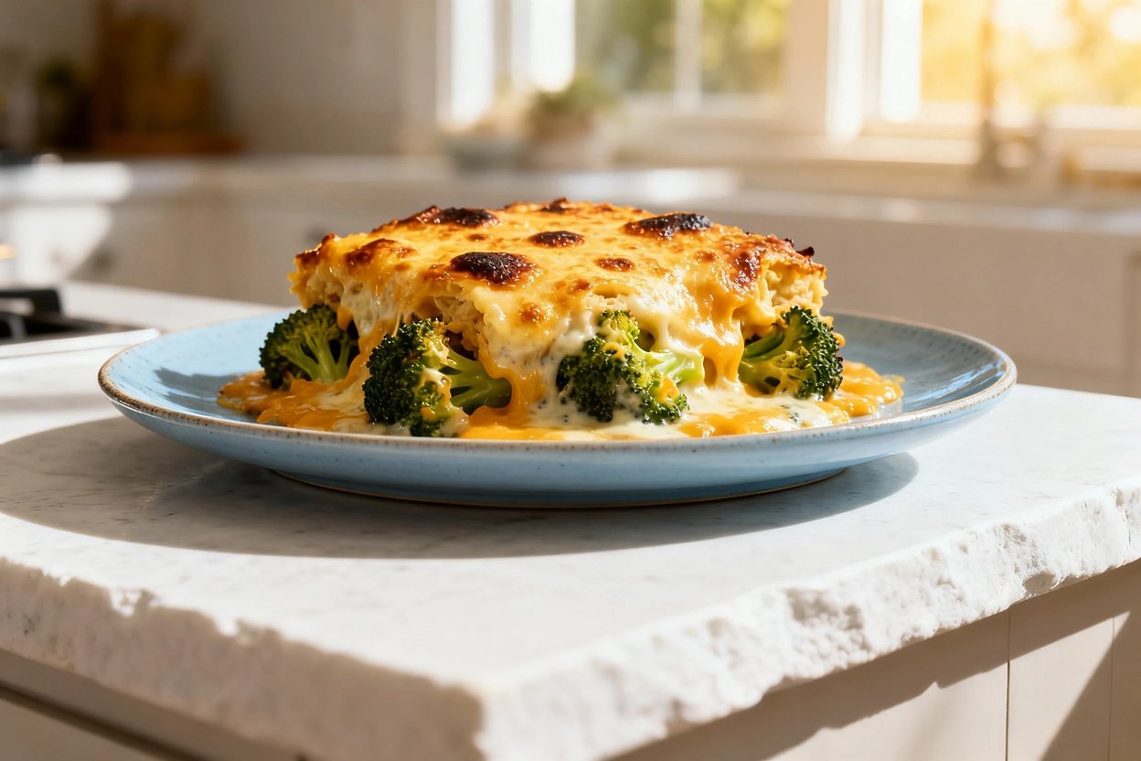 –40 degree view of the same finished cheesy keto broccoli bake, identical look and portion: broccoli
