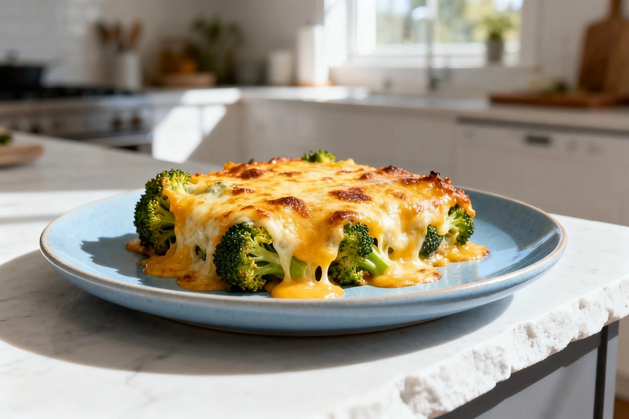  shot at 30–45 degrees of the same plated cheesy keto broccoli bake on the same light blue ceramic p