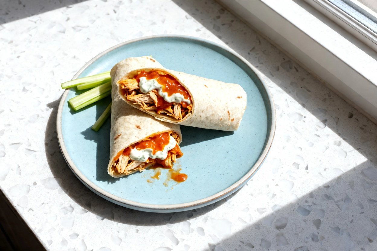 top-down food photo of keto buffalo chicken wraps: two small cauliflower-tortilla wraps (same size 