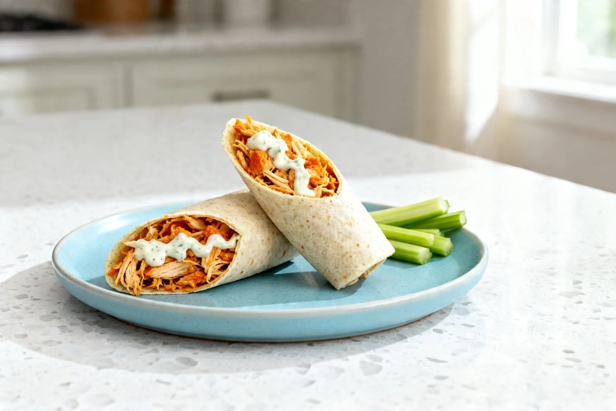 bout 35 degrees) photo of the exact same finished keto buffalo chicken wraps as Image 1: two caulifl