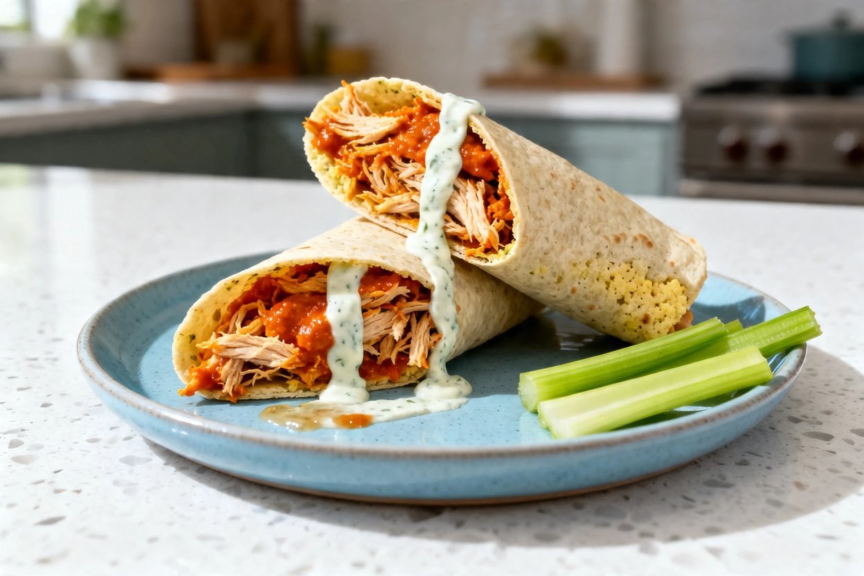 shot (about 40–45 degrees) tightly framing the same plated keto buffalo chicken wraps: two cauliflo