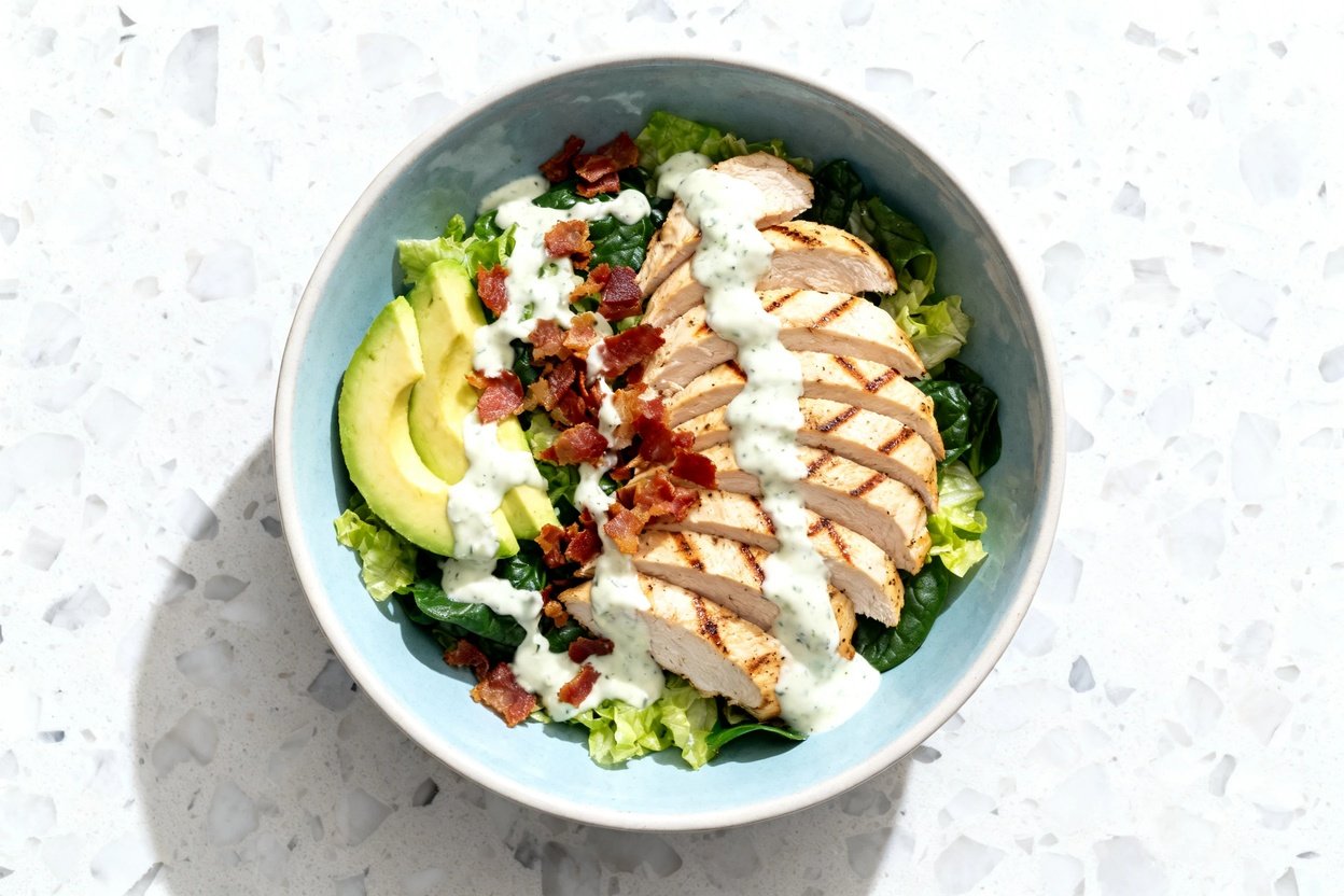 top-down food photo of a finished Keto Chicken Bacon Ranch Bowl centered on a light blue ceramic bow