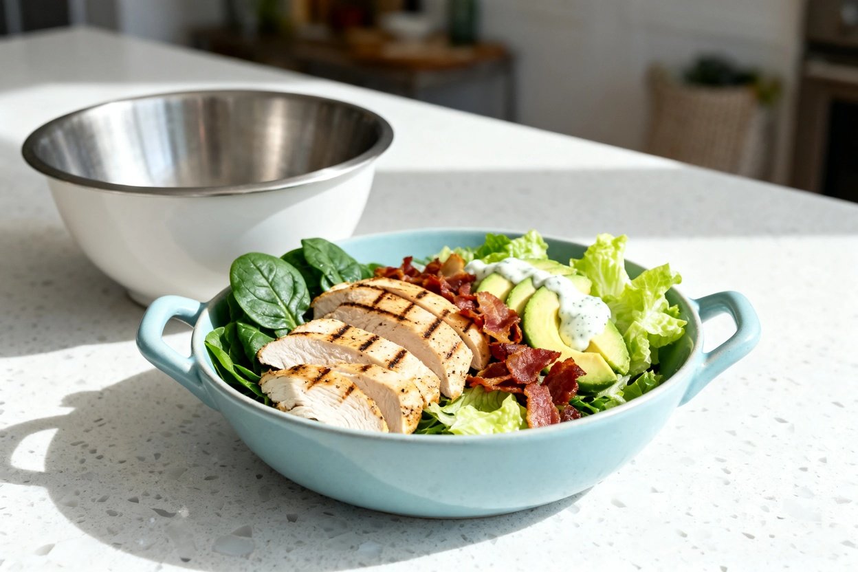 bout 30–40 degrees) realistic food photograph of the exact same finished Keto Chicken Bacon Ranch Bo