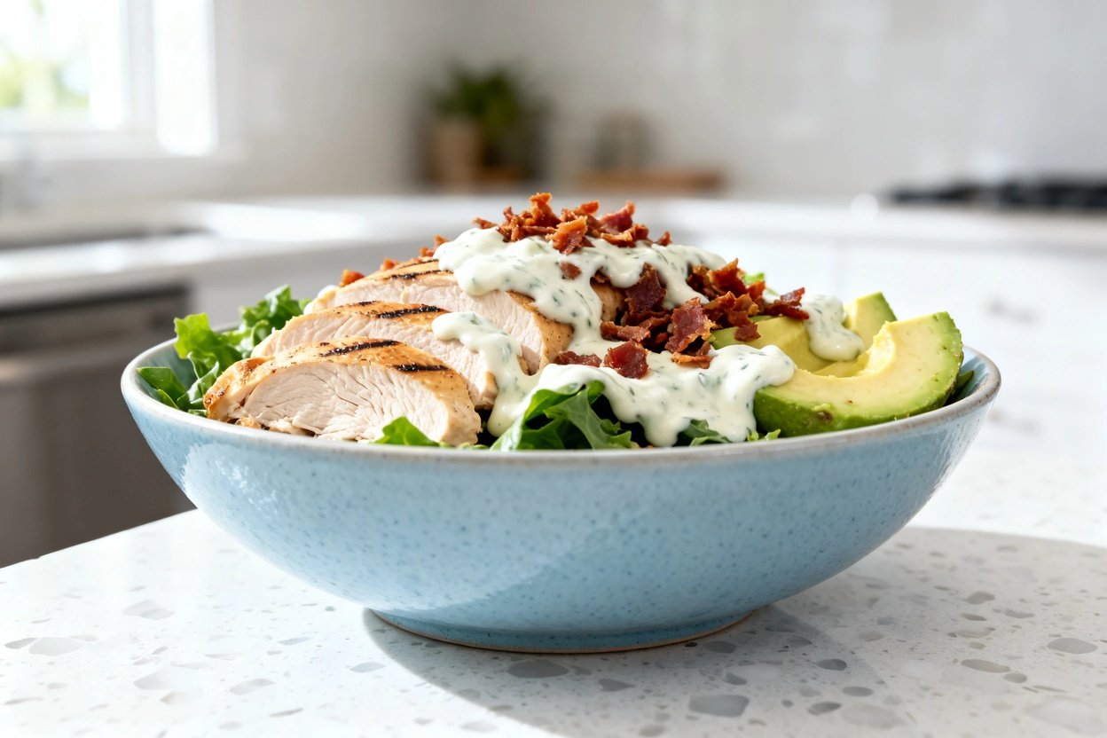  shot (about 30–45 degrees) of the same finished Keto Chicken Bacon Ranch Bowl on the same light blu