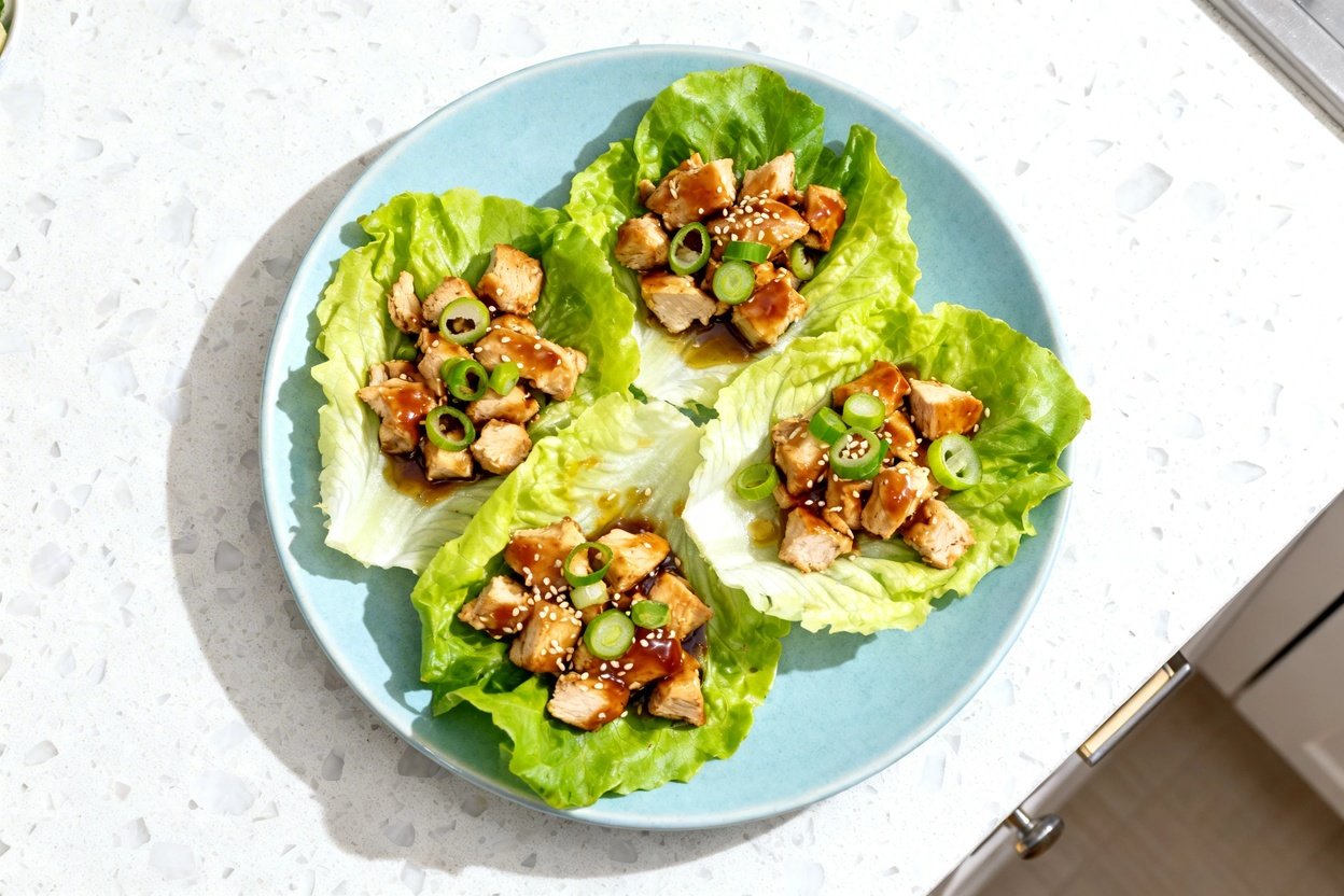 top-down food photo of the finished keto chicken lettuce wraps: a single serving arranged casually
