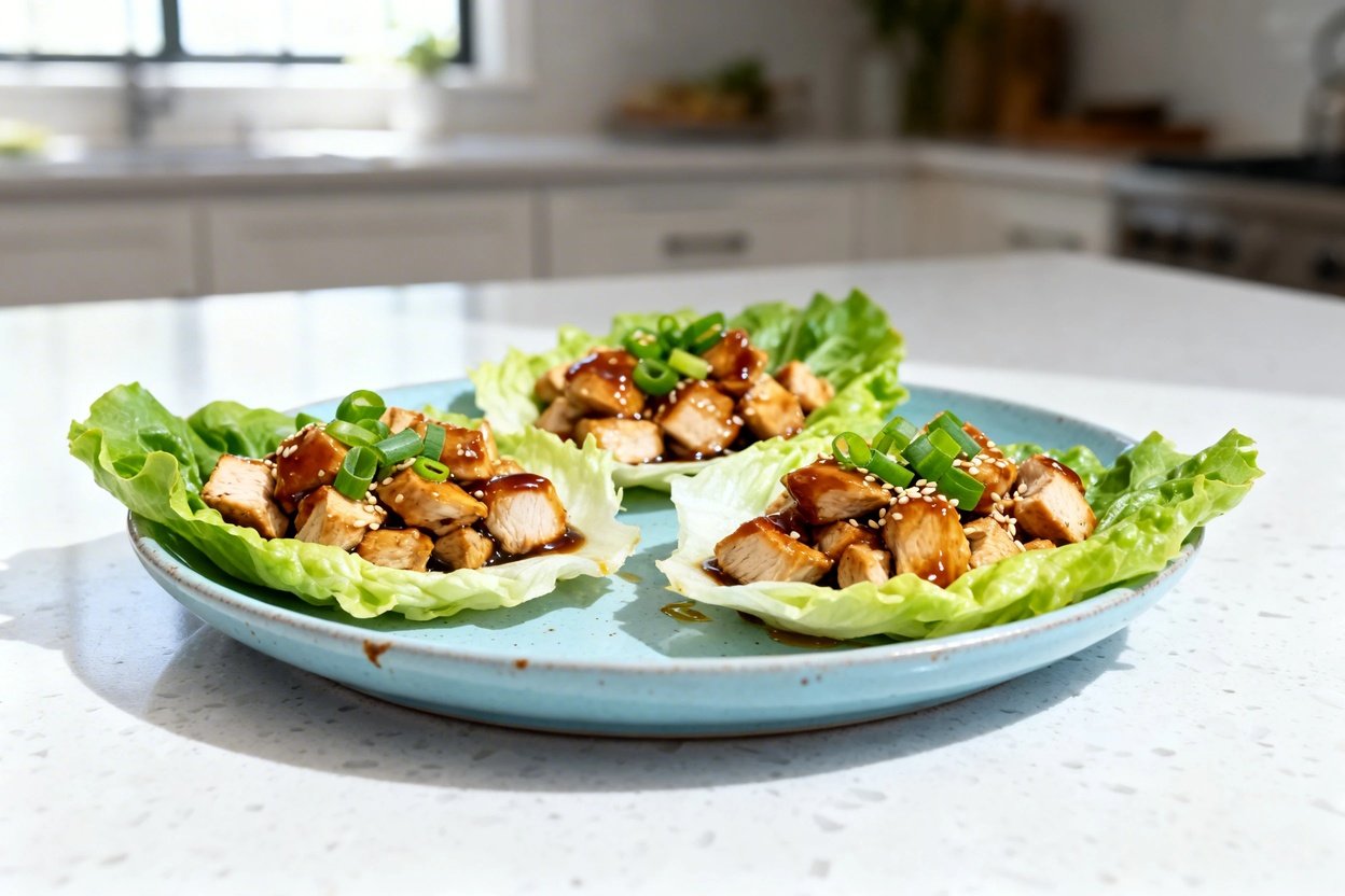 mera perspective (about 30–40 degrees) showing the same finished keto chicken lettuce wraps from the