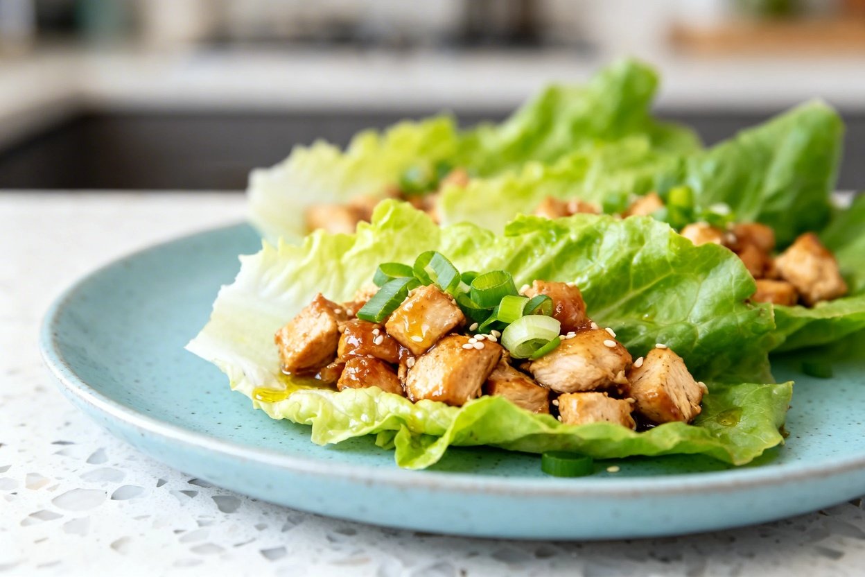 shot (about 30–45 degrees) of the same plated keto chicken lettuce wraps on the same light blue cer