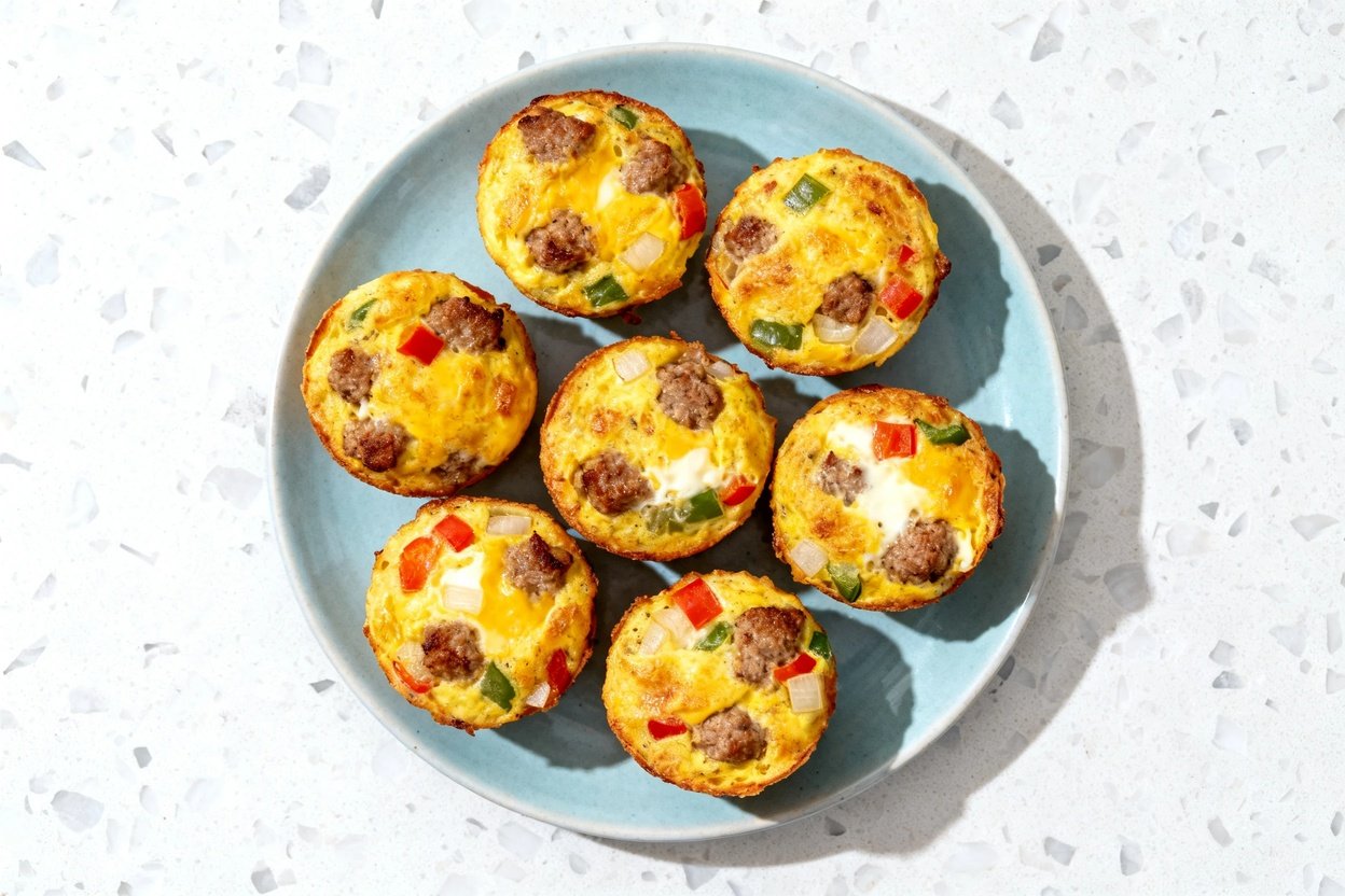 top-down food photo of the finished dish: Keto Sausage Egg Muffins (savory baked egg muffins in a s