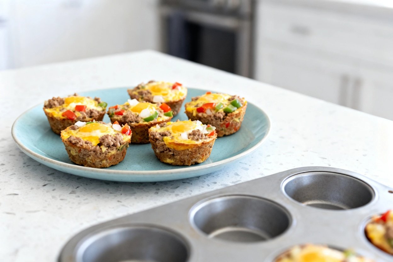 bout 35°) realistic home kitchen photo of the exact same Keto Sausage Egg Muffins as Image 1 (same s