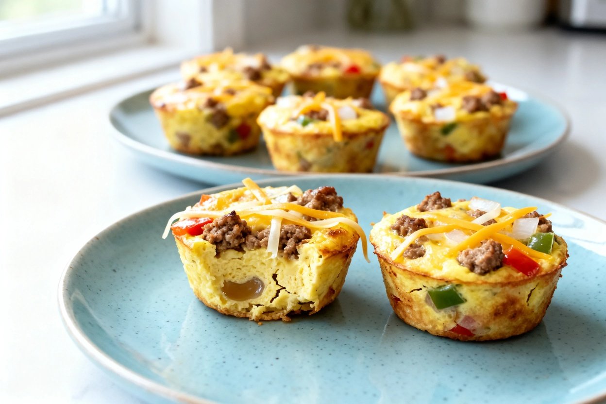 shot (about 40–45°) of the same finished Keto Sausage Egg Muffins on the same light blue ceramic pl