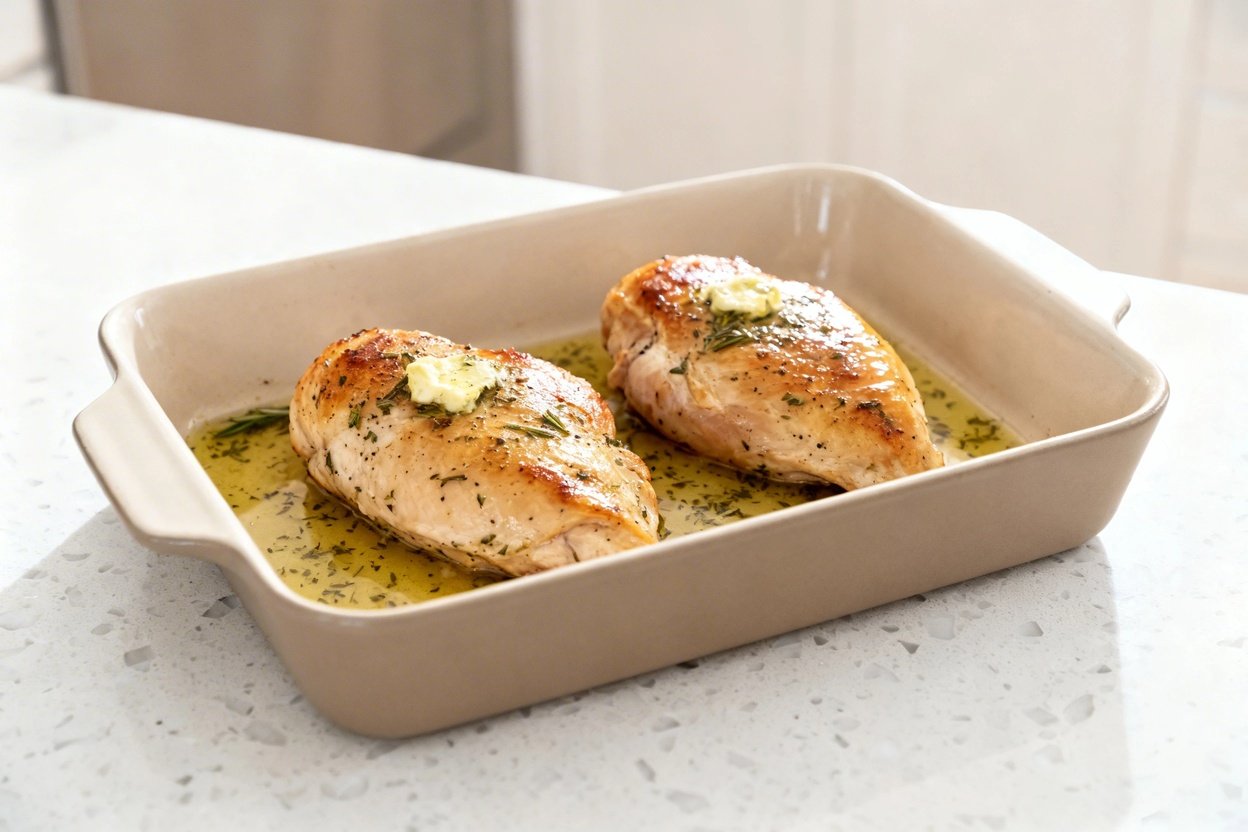 bout 35 degrees) contextual photo of the same finished keto baked garlic herb chicken from the same