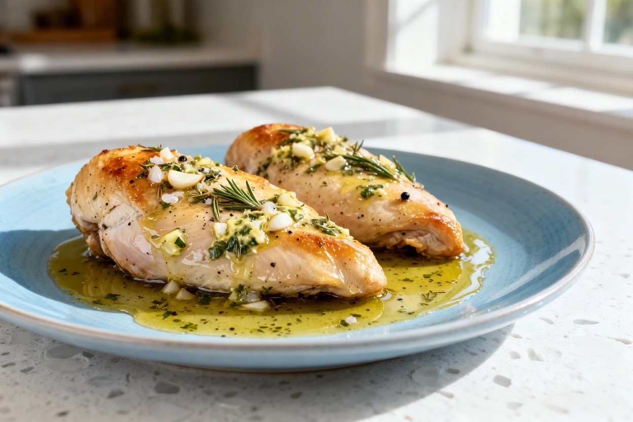 shot (about 40–45 degrees) of the same plated keto baked garlic herb chicken: identical light blue