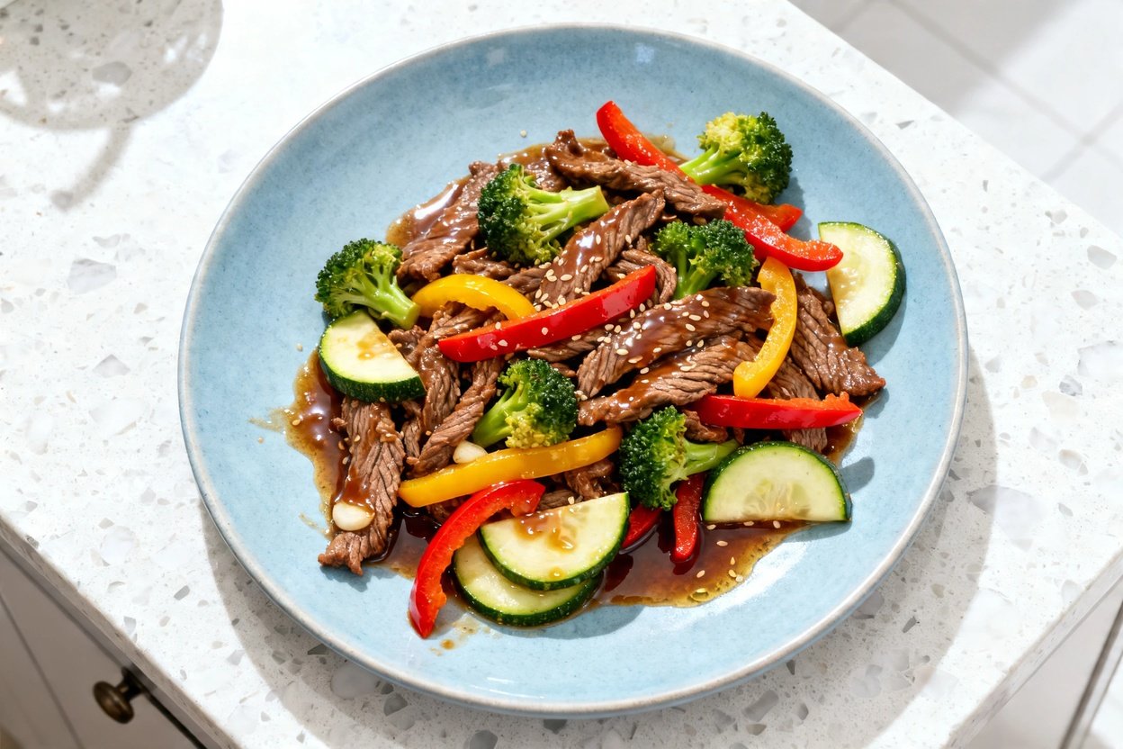 top-down food photo of a single serving of keto-friendly beef stir-fry: tender thin beef strips coat