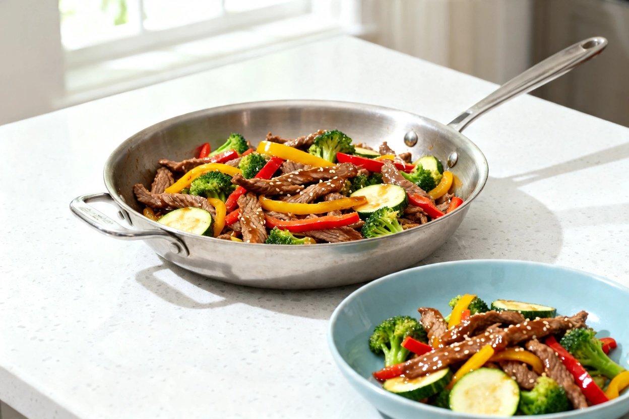 –40 degree perspective showing the exact same finished keto beef stir-fry (same ingredients and shap