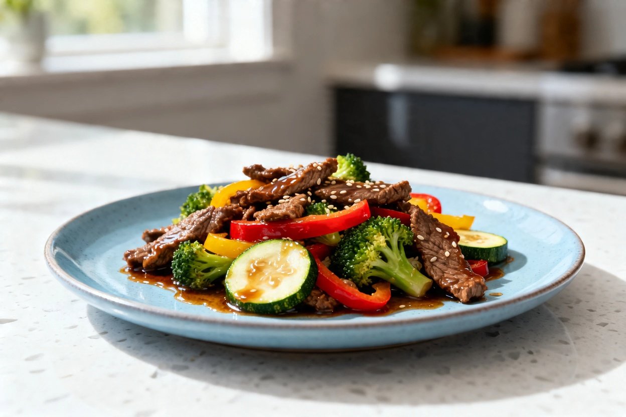  shot at approximately 30–45 degrees of the same plated single serving of keto beef stir-fry on the 