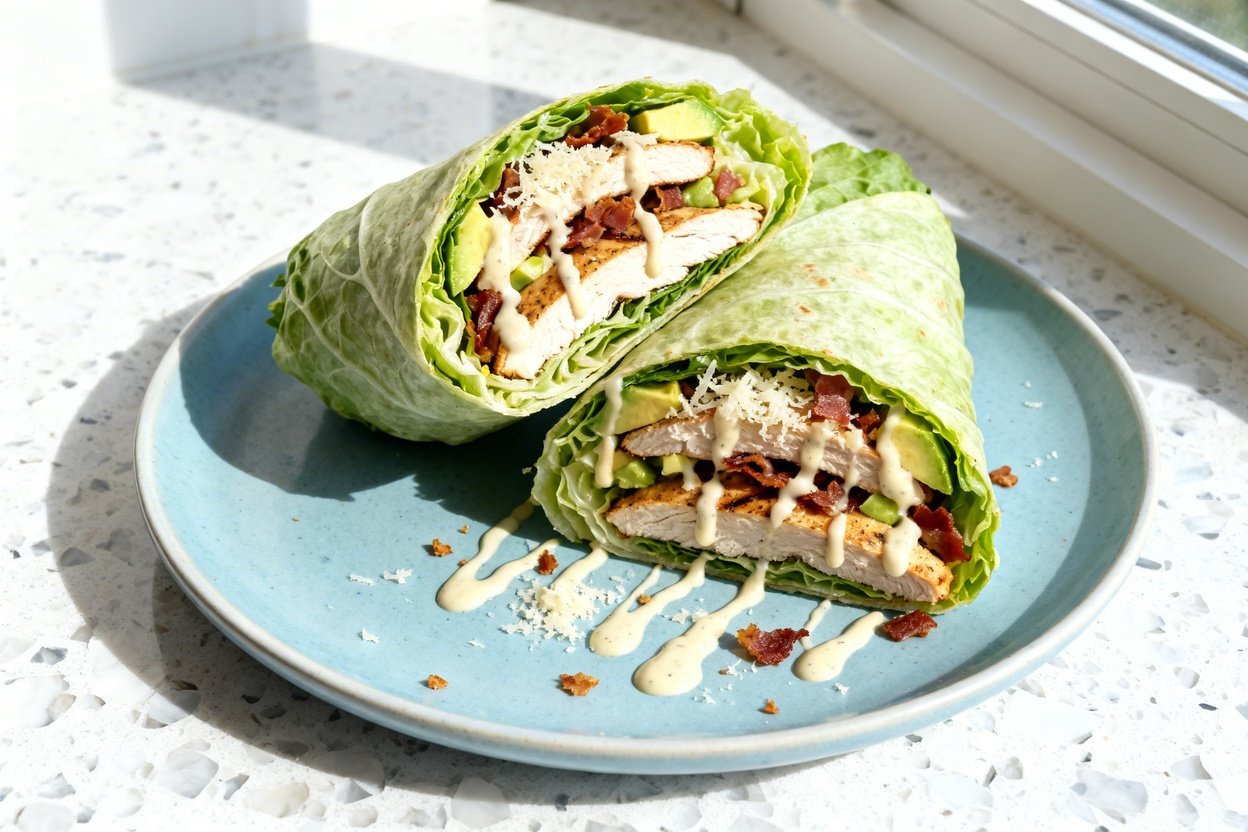 top-down food photo of the finished Easy Keto Caesar Salad Wraps: two large romaine-leaf wraps (sam