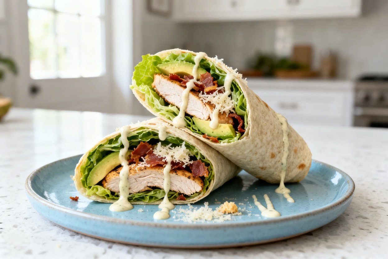 –40 degree view of the exact same finished Easy Keto Caesar Salad Wraps (same two romaine-leaf wraps