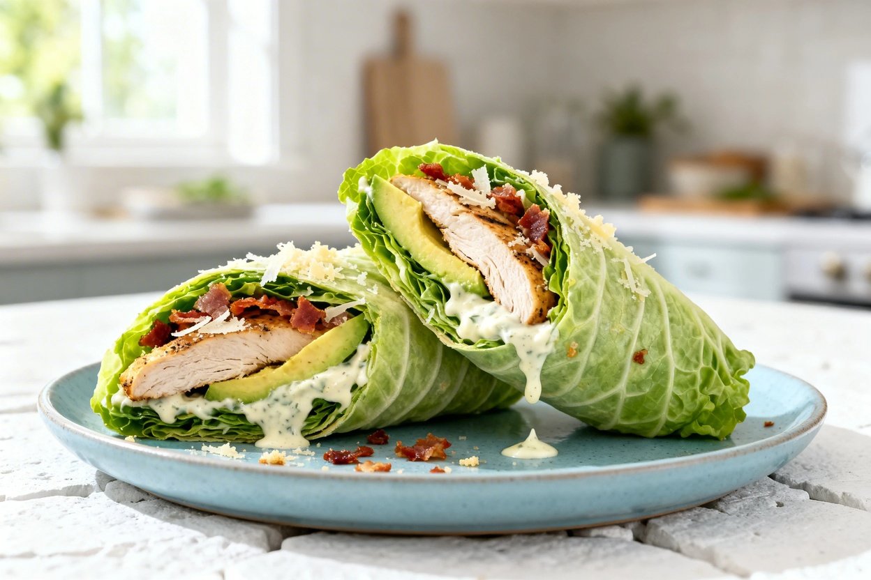 shot at ~35–45 degrees focusing on texture of the same finished Easy Keto Caesar Salad Wraps (same