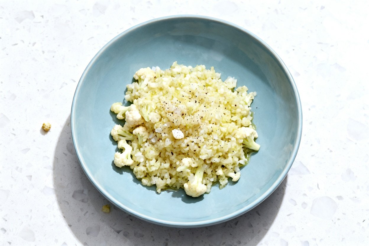top-down food photo of a single serving of keto cauliflower rice: finely riced cauliflower sautéed u