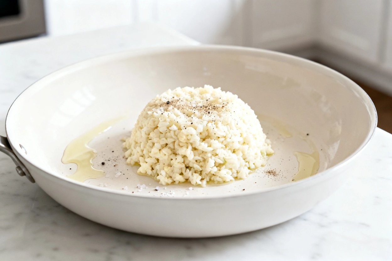 –40 degree camera view of the same finished keto cauliflower rice (same riced texture, same pale cau