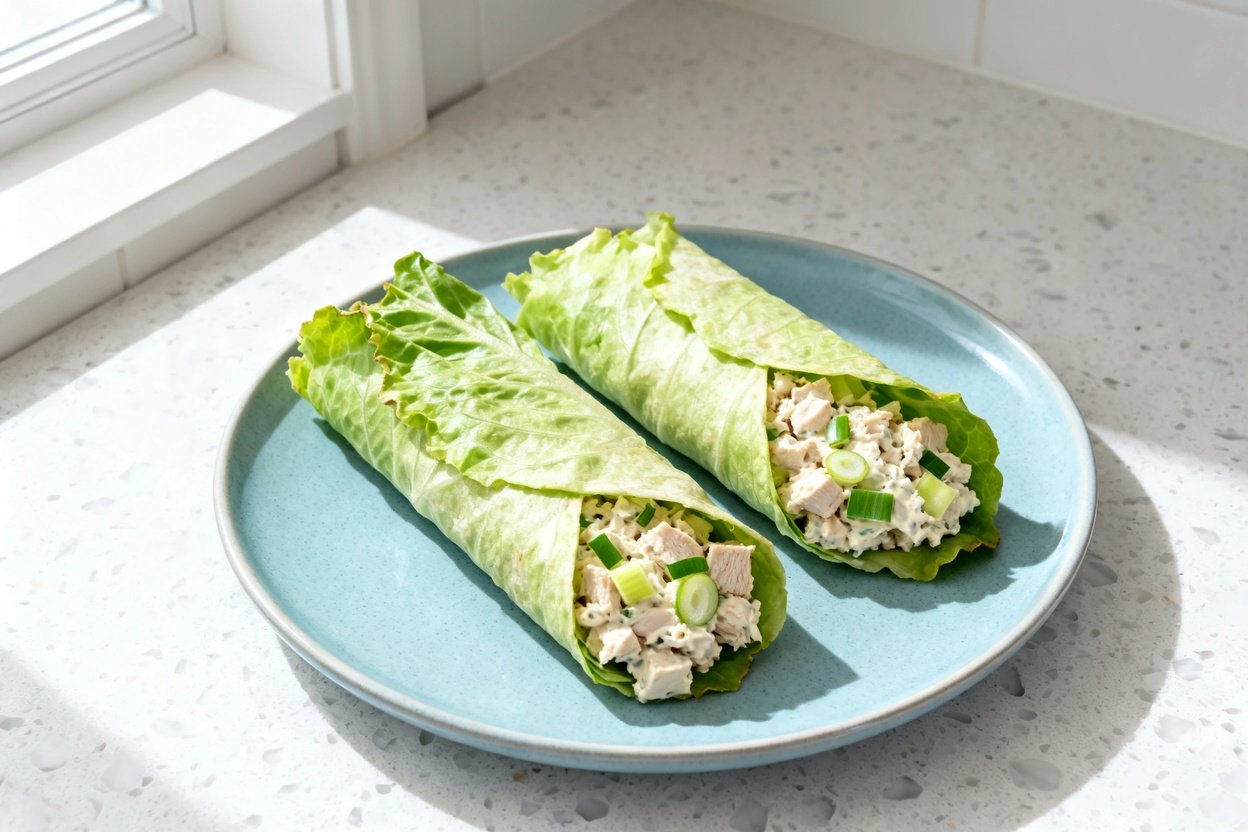  top-down food photo of the finished Easy Keto Chicken Salad Wraps: two lettuce wraps made with larg