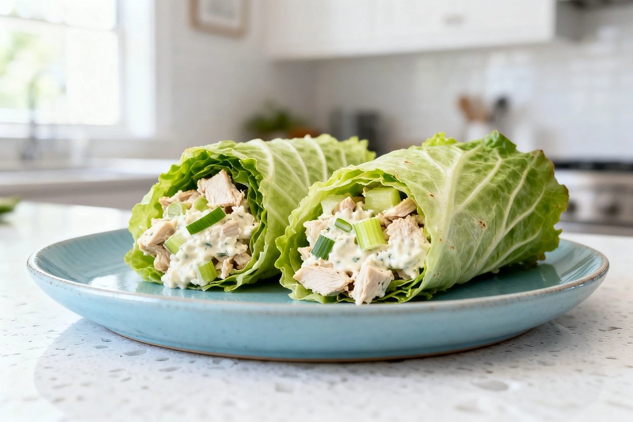  shot (about 30–45 degrees) emphasizing texture of the same finished Easy Keto Chicken Salad Wraps: 
