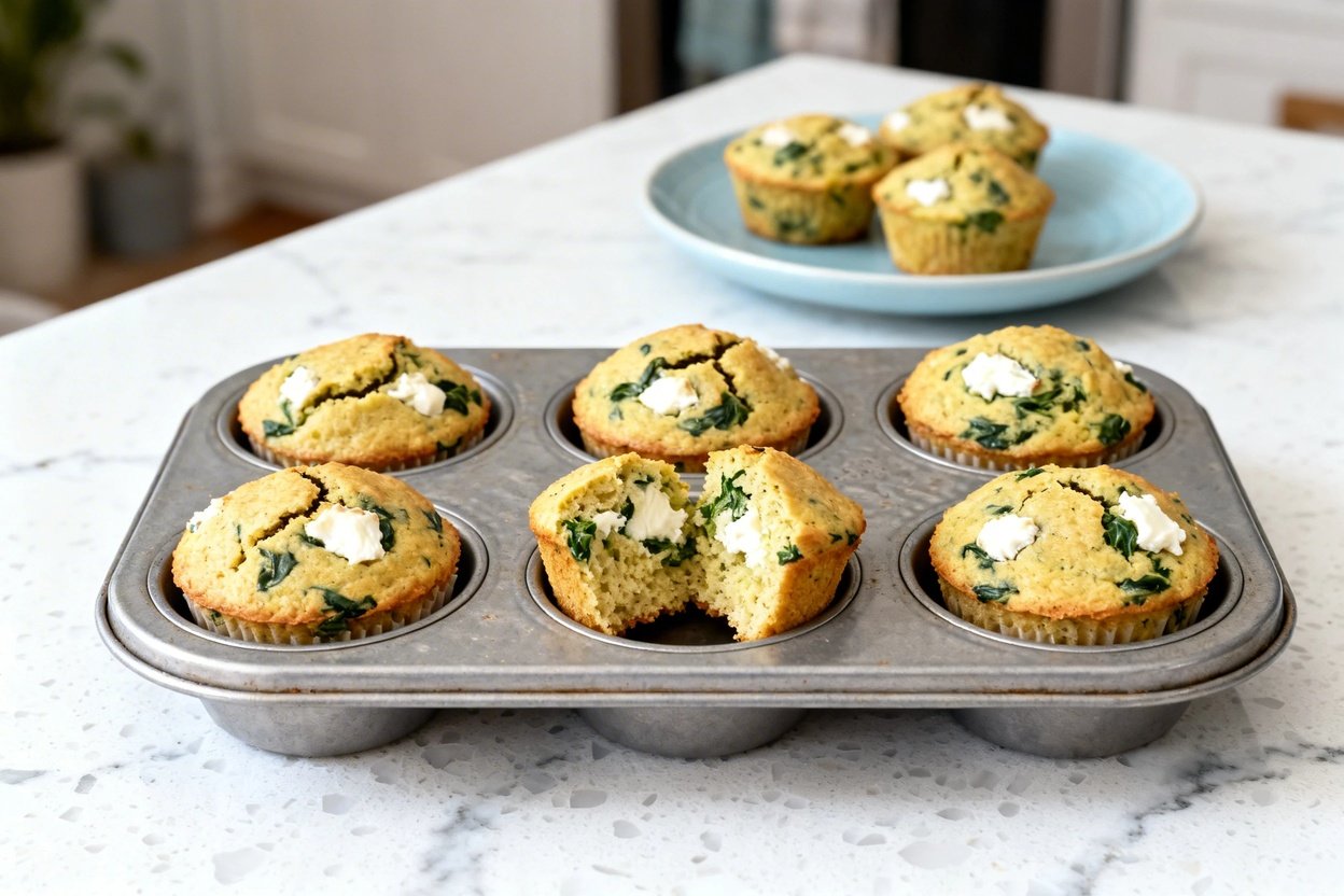 0–40 degrees) realistic food photo of the exact same batch of savory keto spinach feta breakfast muf