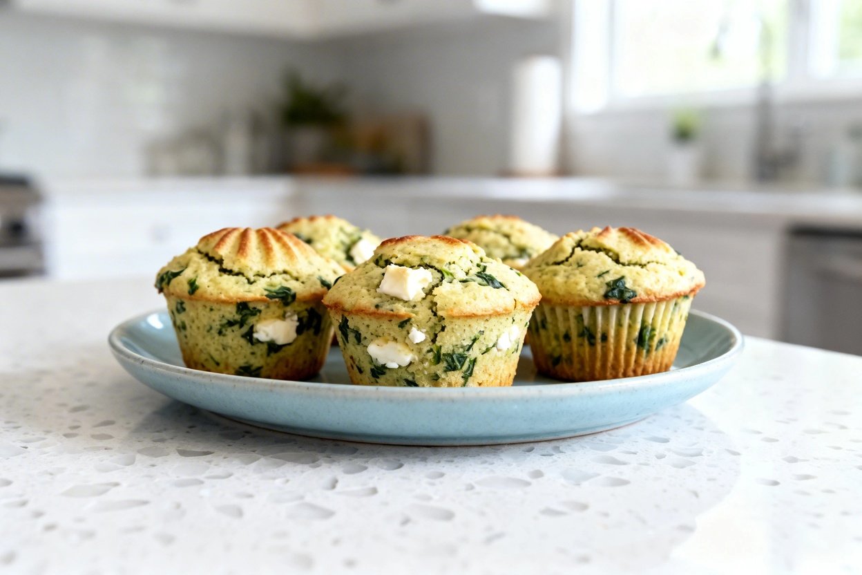 shot (30–45 degrees) of the same savory keto spinach feta breakfast muffins on the same light blue