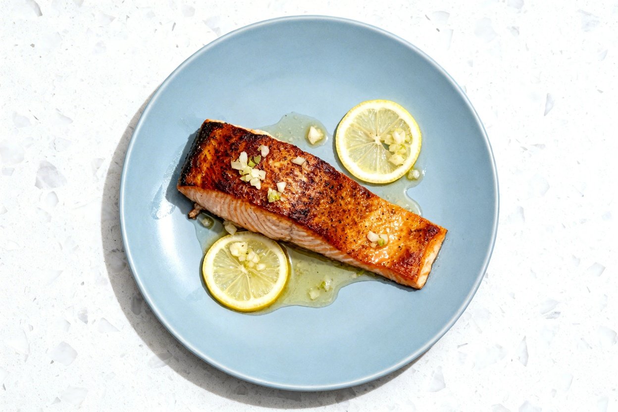 top-down food photograph of a single serving of keto one-pan lemon garlic salmon: one wild-caught s
