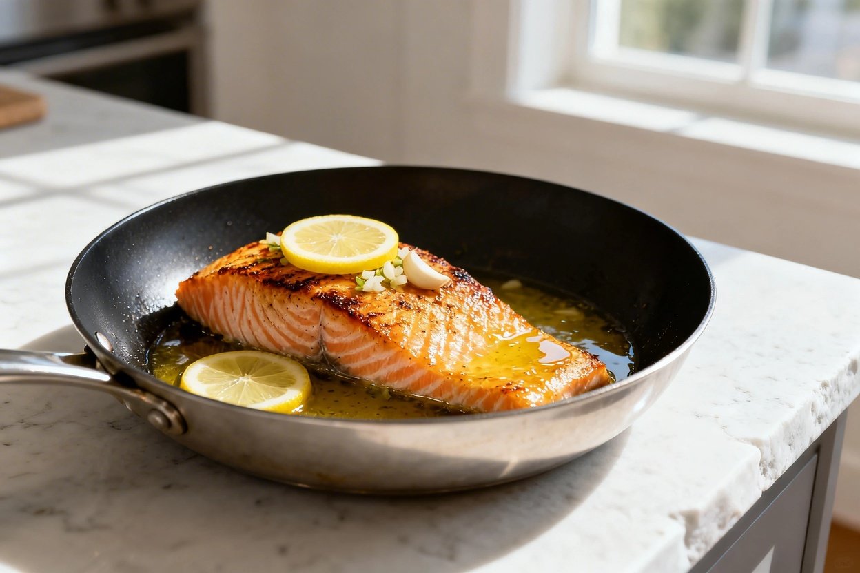 bout 35°) realistic food photo of the same finished one-pan lemon garlic salmon from the same cookin