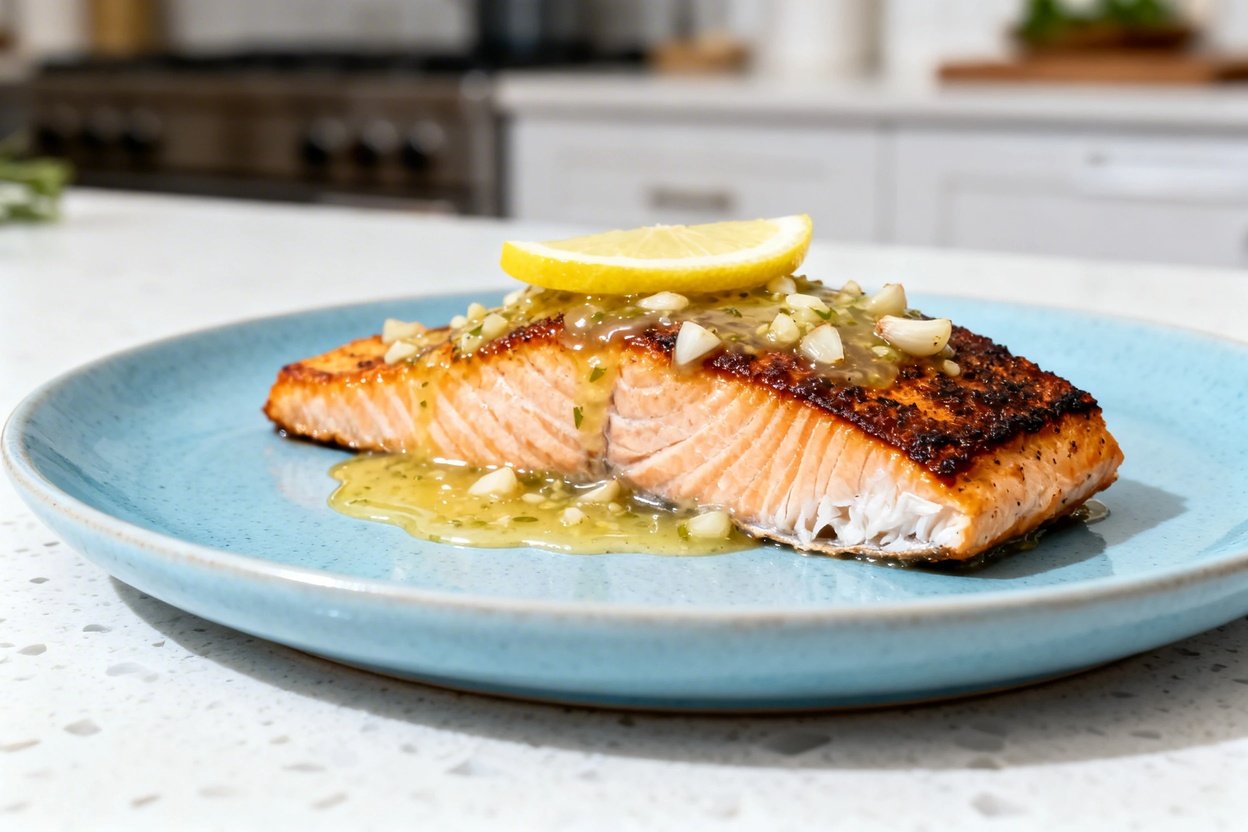 shot (about 40–45°) of the same plated keto lemon garlic salmon on the same style light blue cerami