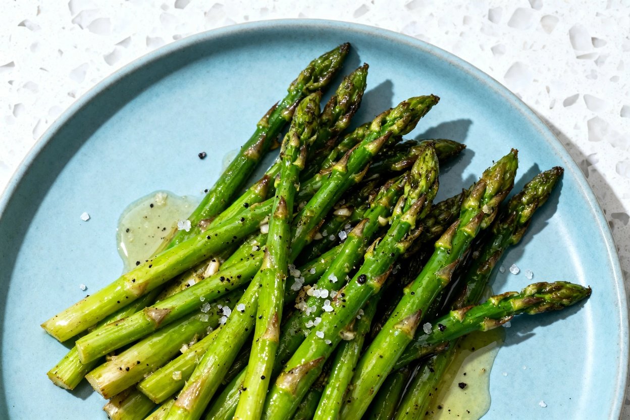 top-down food photo of Garlic Butter Keto Asparagus: a single serving of vibrant green asparagus spe