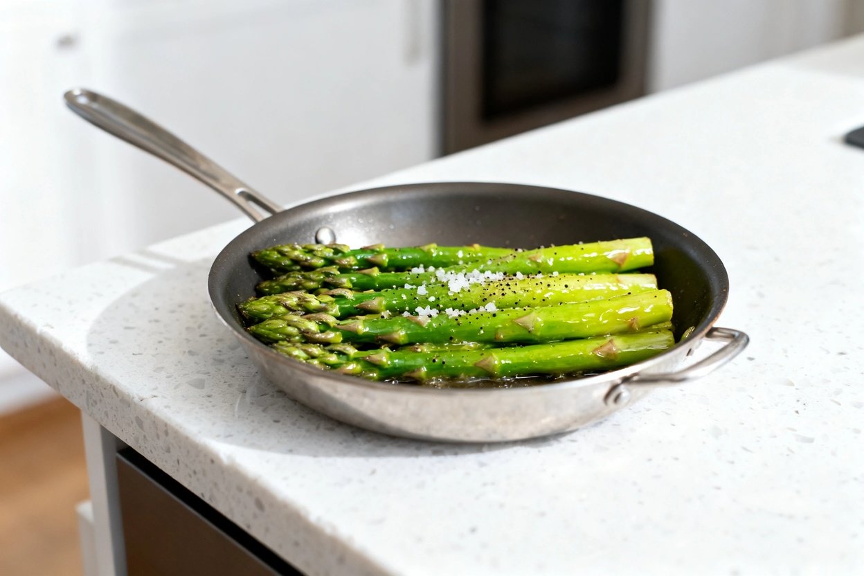 bout 35 degrees) realistic food photo of the exact same finished Garlic Butter Keto Asparagus (same 