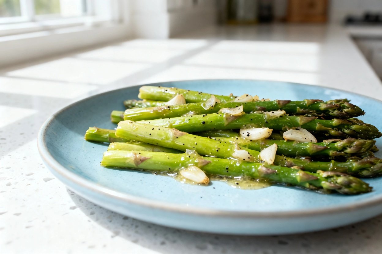  shot (about 40 degrees) of the same plated Garlic Butter Keto Asparagus on the same light blue cera