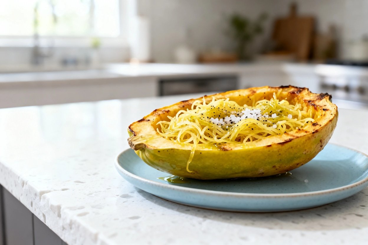 mera view (about 30–40 degrees) of the exact same finished low carb baked spaghetti squash strands,