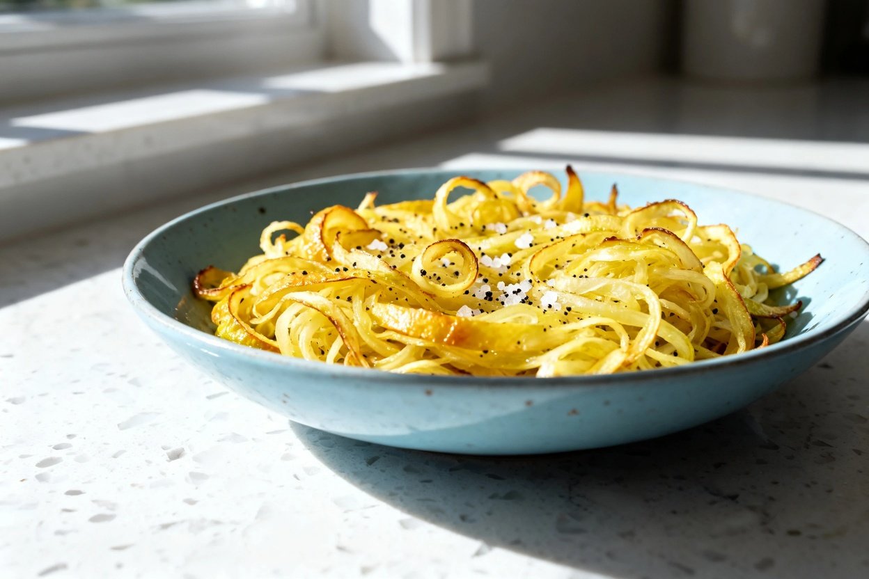 shot (about 30–45 degrees) of the same plated serving of roasted spaghetti squash strands on the sa
