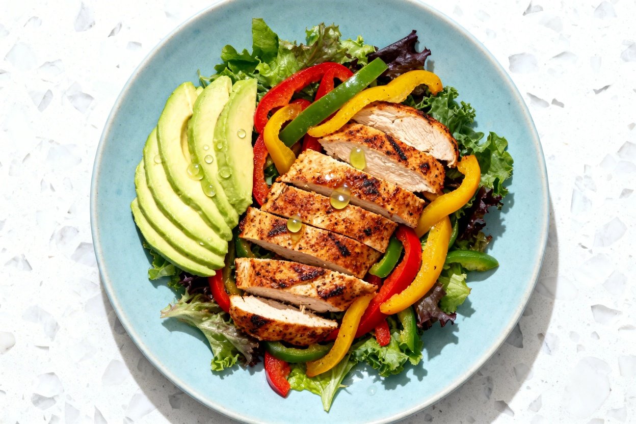 top-down food photograph of a single serving of keto fajita chicken salad plated on a light blue cer