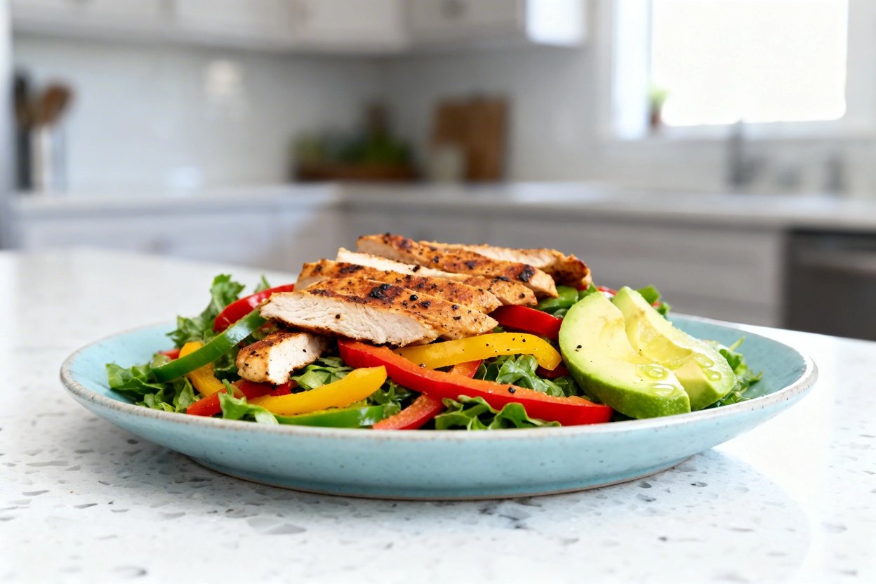 bout 35 degrees) realistic food photo of the exact same finished keto fajita chicken salad, same por