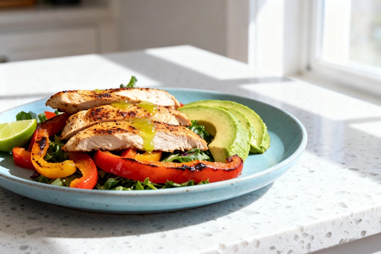  shot (about 40–45 degrees) of the same plated keto fajita chicken salad on the identical light blue