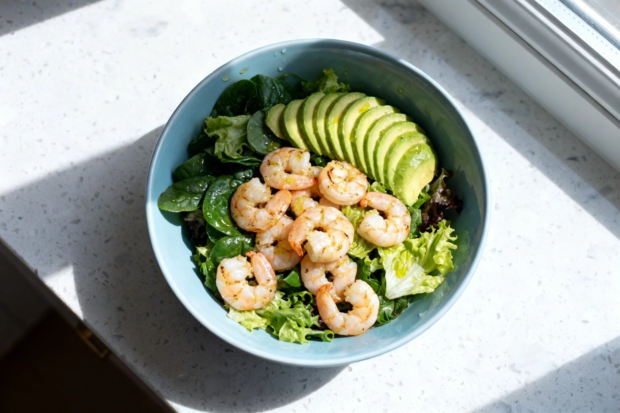 top-down food photo of a finished Keto Shrimp Avocado Bowl plated in a light blue ceramic bowl on a 