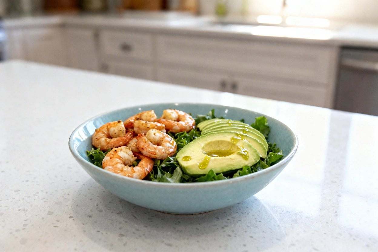 –40 degree perspective photo of the exact same finished Keto Shrimp Avocado Bowl (same ingredient se