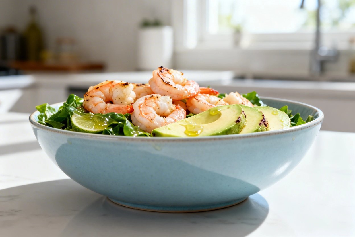  shot at approximately 30–45 degrees of the same finished Keto Shrimp Avocado Bowl in the same light