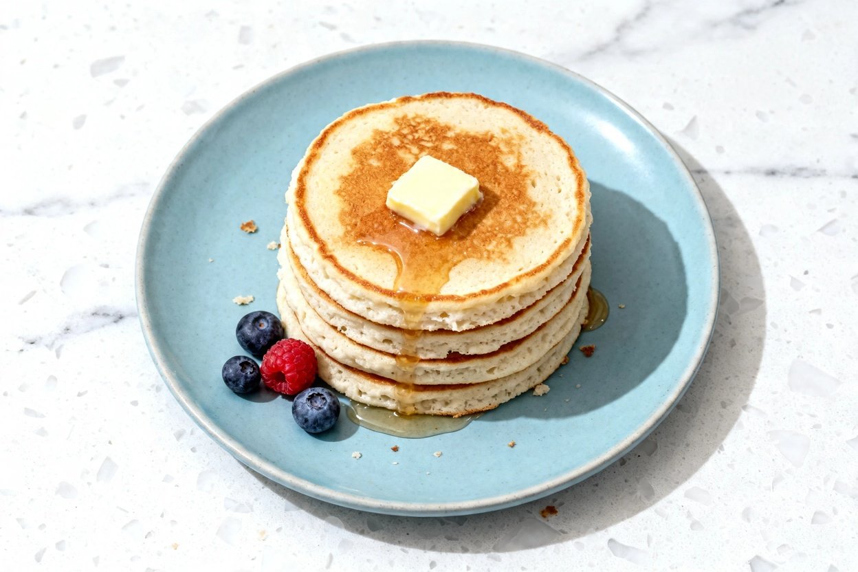 top-down food photograph of a single serving: a neat stack of 5 fluffy keto coconut pancakes (unifor