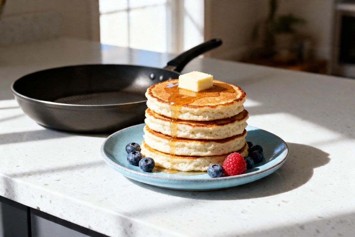 bout 35 degrees) realistic food photo of the exact same finished stack of 5 fluffy keto coconut panc