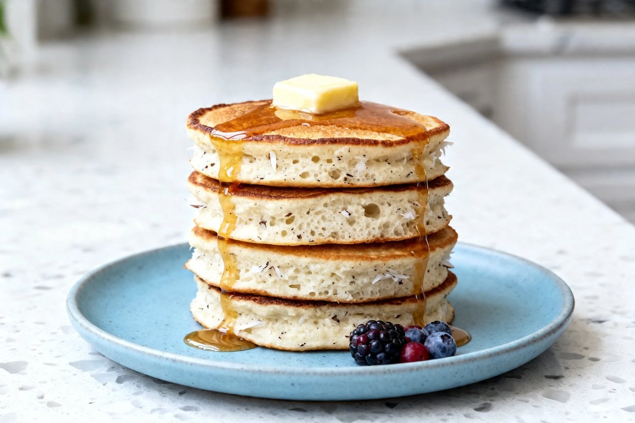  shot (about 40–45 degrees) of the same single serving stack of 5 keto coconut pancakes on the same 