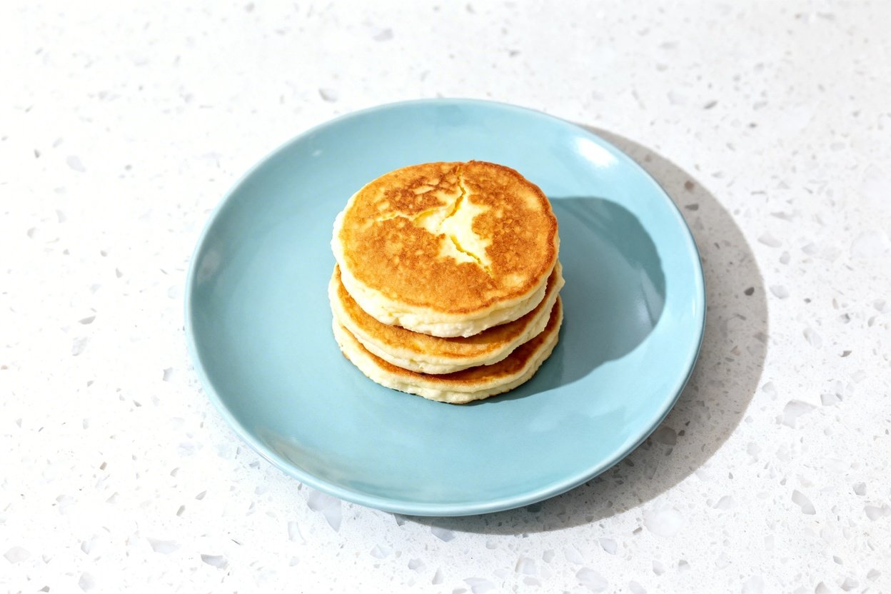 top-down food photo of Keto Cream Cheese Pancakes: a single serving stack of 4 small round pancakes